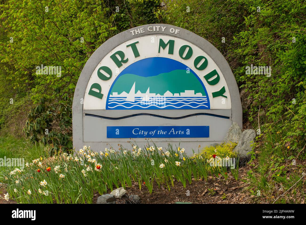 Welcome to Port Moody sign, Port Moody, British Columbia, Canada Stock Photo