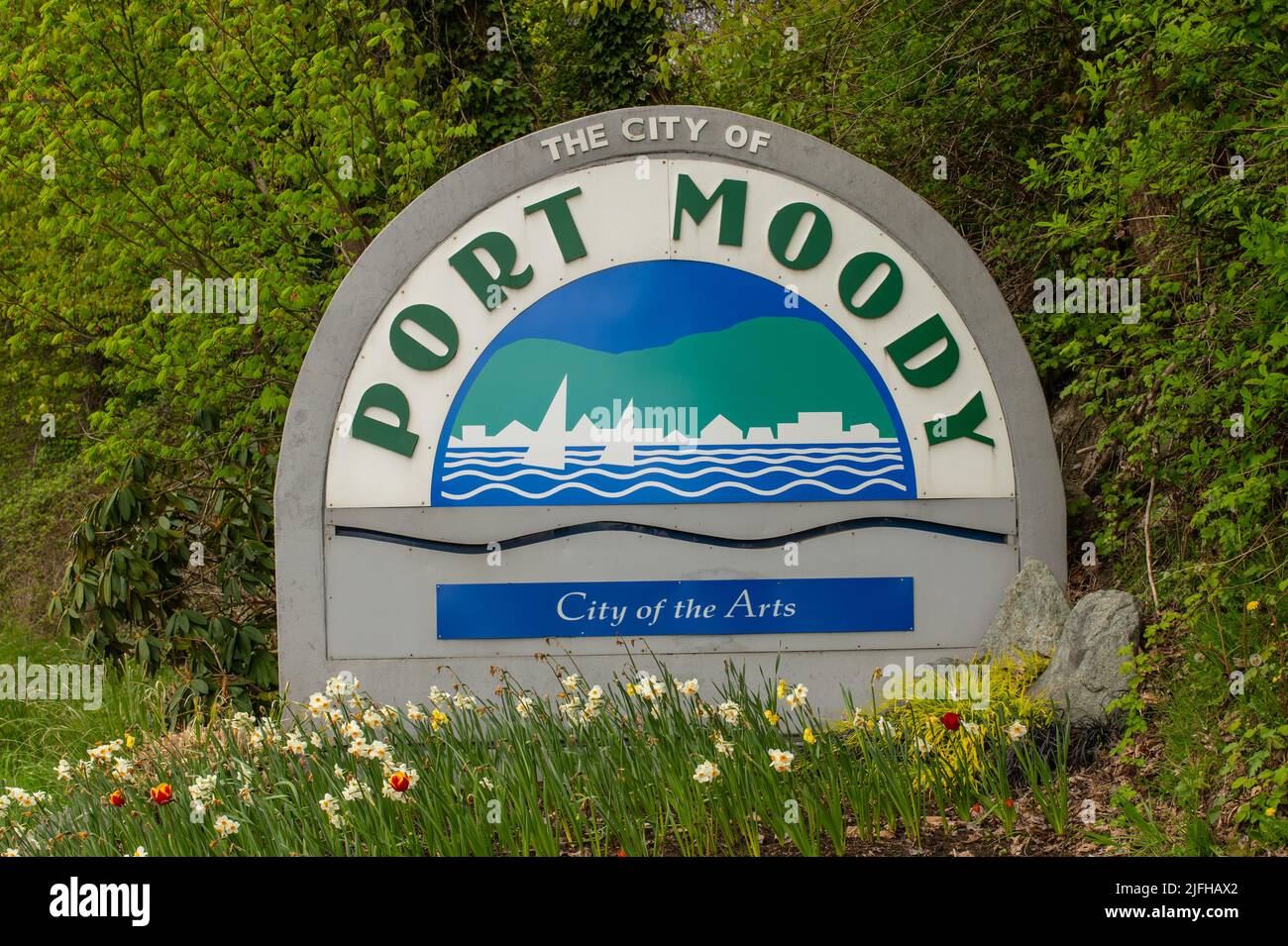 Welcome to Port Moody sign, Port Moody, British Columbia, Canada Stock Photo