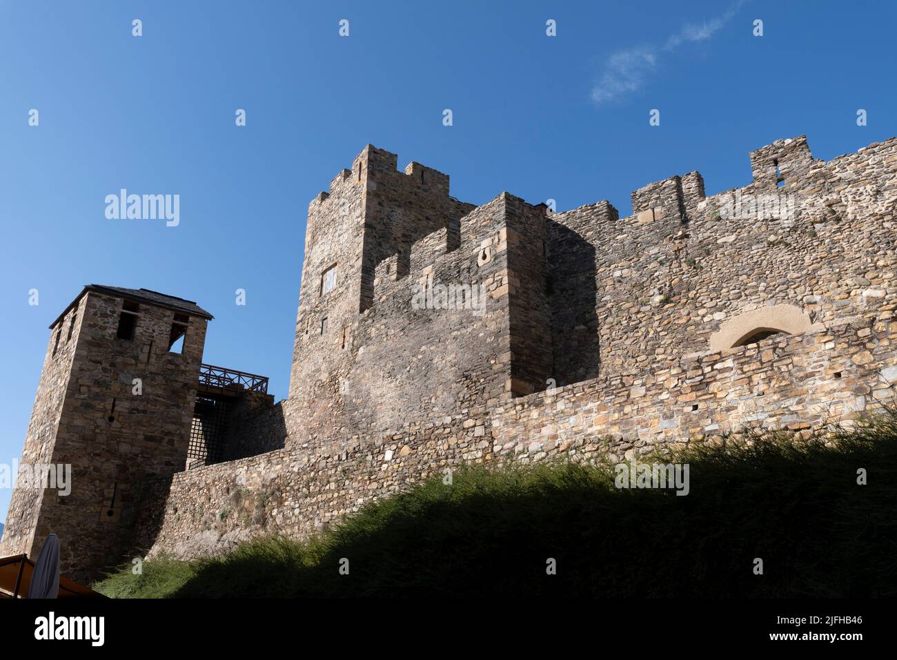 View of the landmark Castillo de los Templarios on the Camino Frances route of the Way of St. James in Ponferrada, León, Spain. This ancient route of Stock Photo