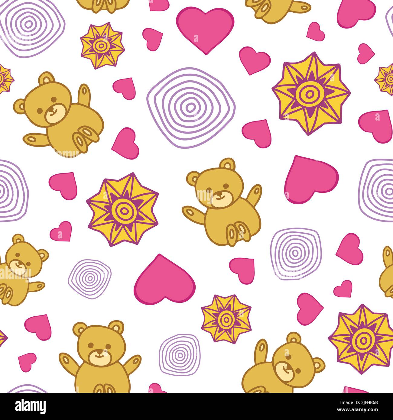 Teddy bear seamless pattern with hearts and stars on white background ...