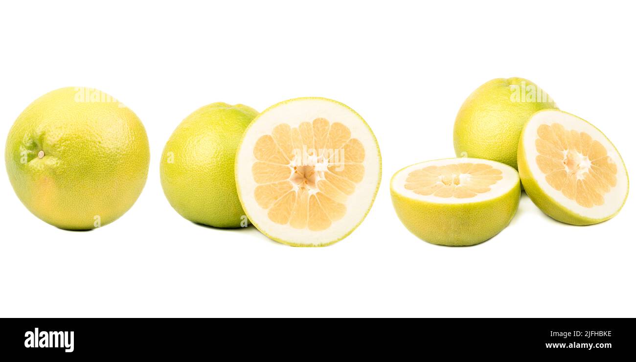 Ripe sweetie citrus, whole fruit, cross section and slice, set isolated on white background Stock Photo