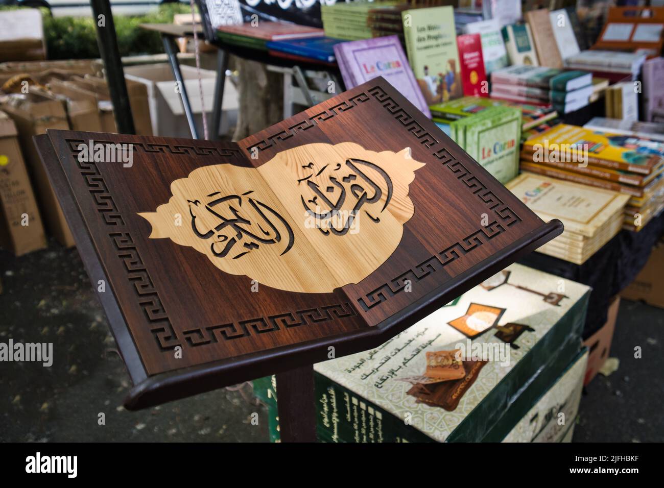 Wooden book stand with Arabic writing at the flea market in Carcassonne