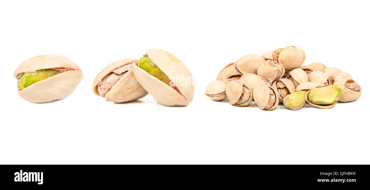 Salted pistachios in shell isolate on white background, set Stock Photo