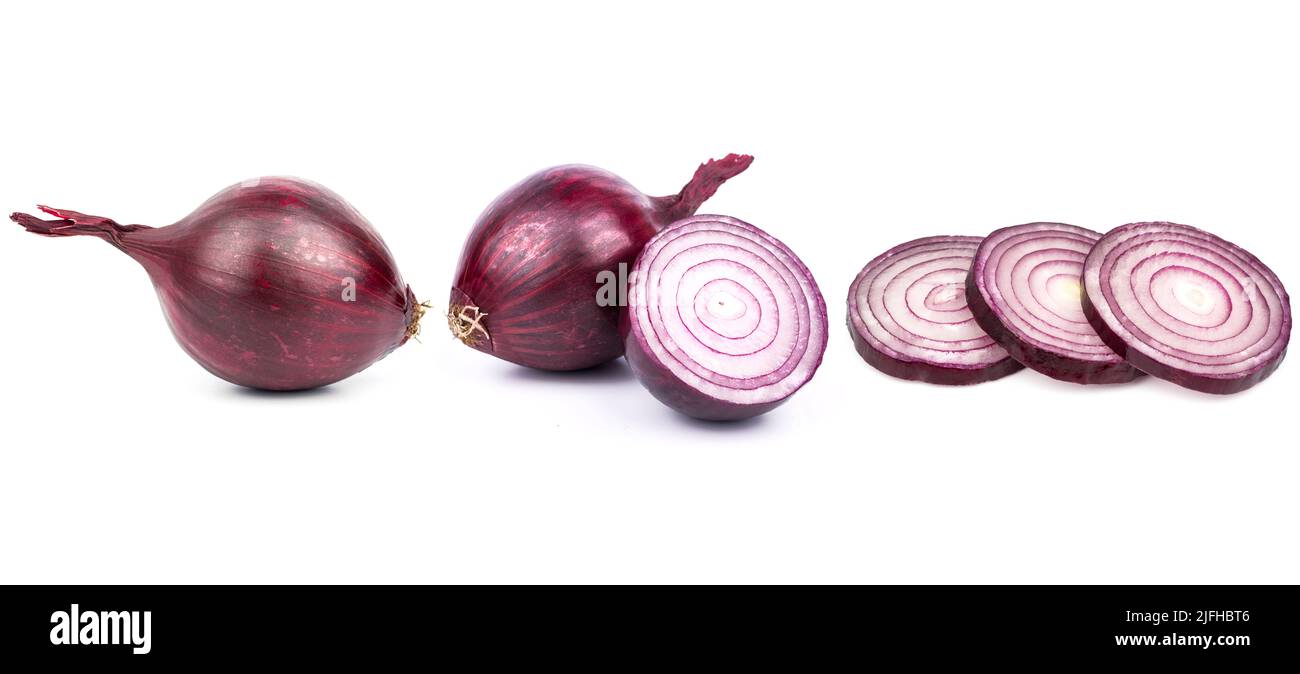 Collection red onion with slices and cut in half isolated on white background. Clipping Path. Full depth of field. Stock Photo