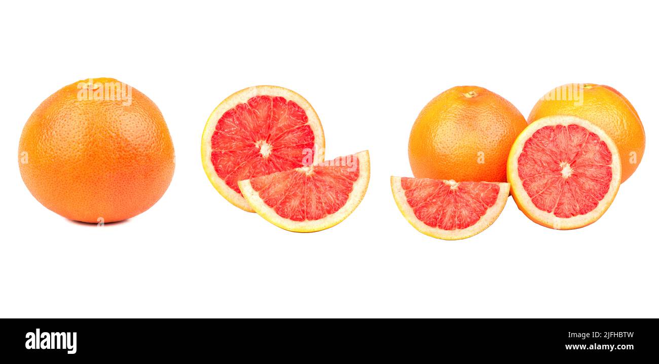 Set of fresh whole and cut grapefruit and slices isolated on white background. Stock Photo