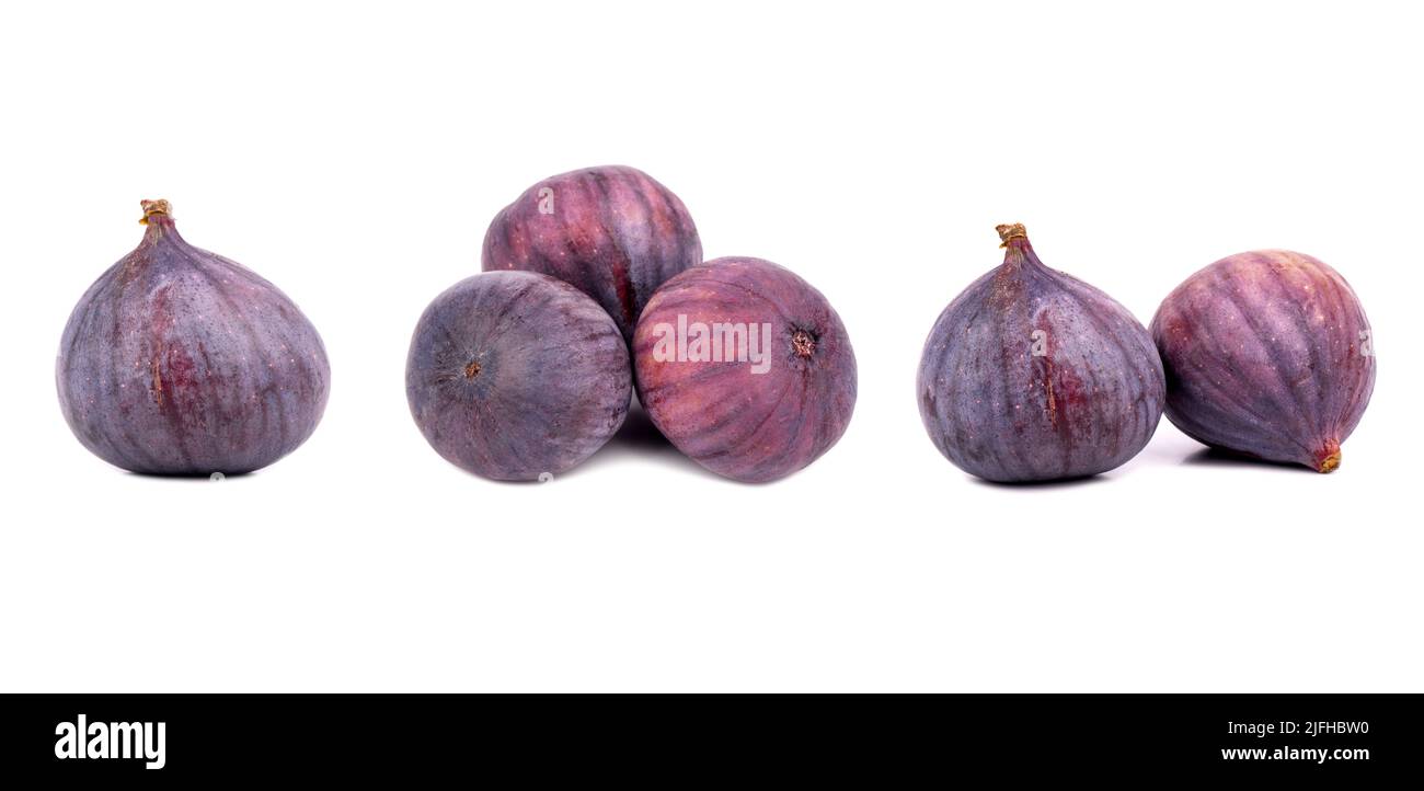Fresh figs isolated on white background with clipping path, whole and half fruits collection. Stock Photo