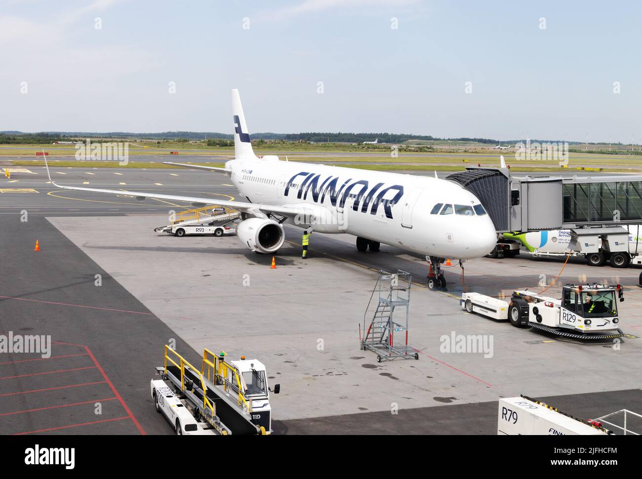 Finnair plane. A Finnair plane on the ground at the gate, Helsinki airport, Helsinki, Finland Europe Stock Photo