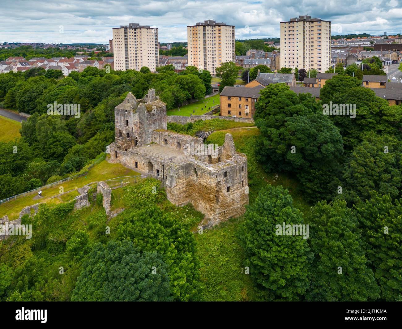 Aerial view of ruin of Ravenscraig Castle in Kirkcaldy, Fife, Scotland