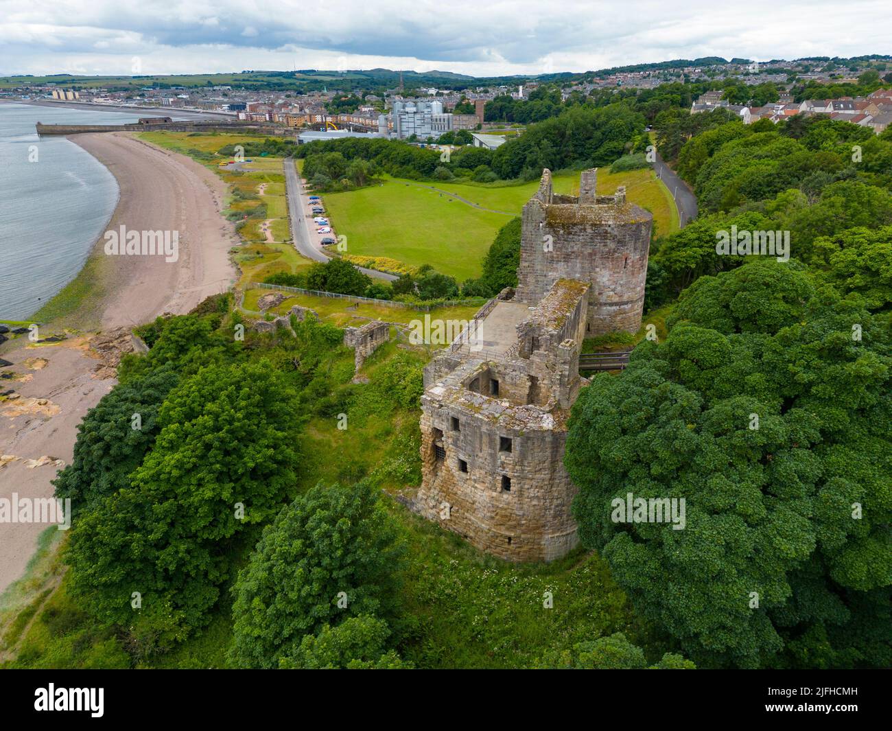 Aerial view of ruin of Ravenscraig Castle in Kirkcaldy, Fife, Scotland 