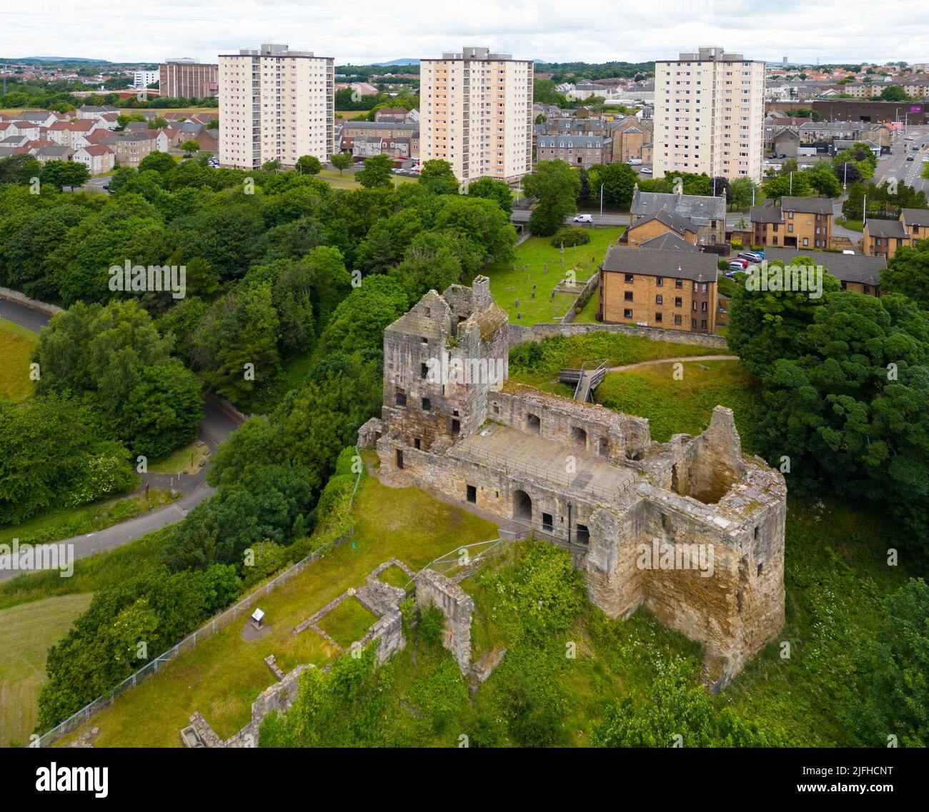 Aerial view of ruin of Ravenscraig Castle in Kirkcaldy, Fife, Scotland