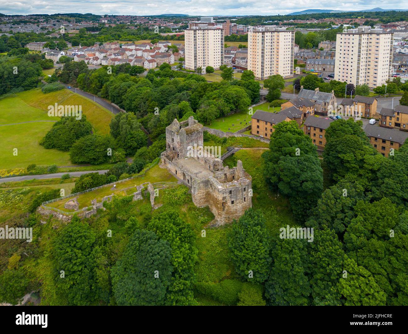 Aerial view of ruin of Ravenscraig Castle in Kirkcaldy, Fife, Scotland