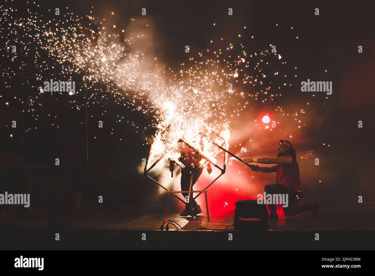 Lublin, Poland - September 28, 2019: Fireshow 'Fire party' at Saxon Garden (Ogród Saski) Stock Photo
