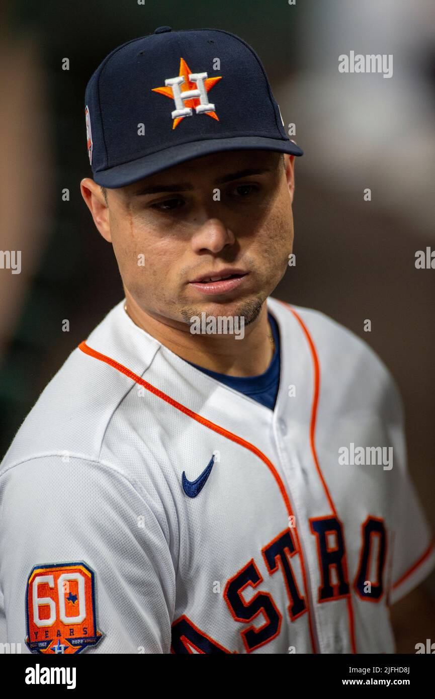 HOUSTON, TX - JULY 02: Houston Astros first baseman Yuli Gurriel (10)  sports his signature haircut during the MLB game between the New York  Yankees and Houston Astros on July 2, 2107