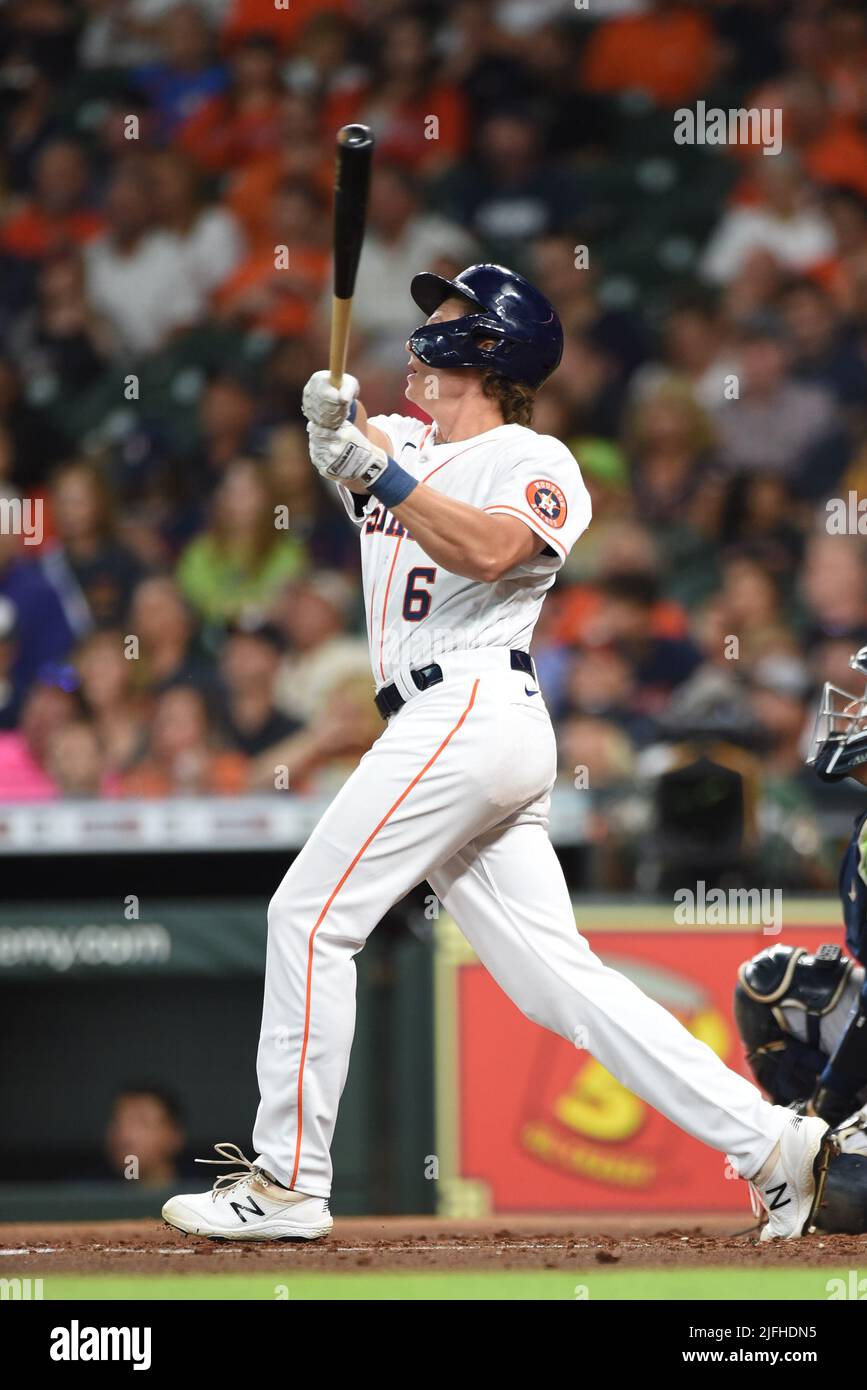 Houston Astros center fielder Jake Meyers (6) hits a double to deep center field during the third inning of the MLB game between the New York Yankees Stock Photo