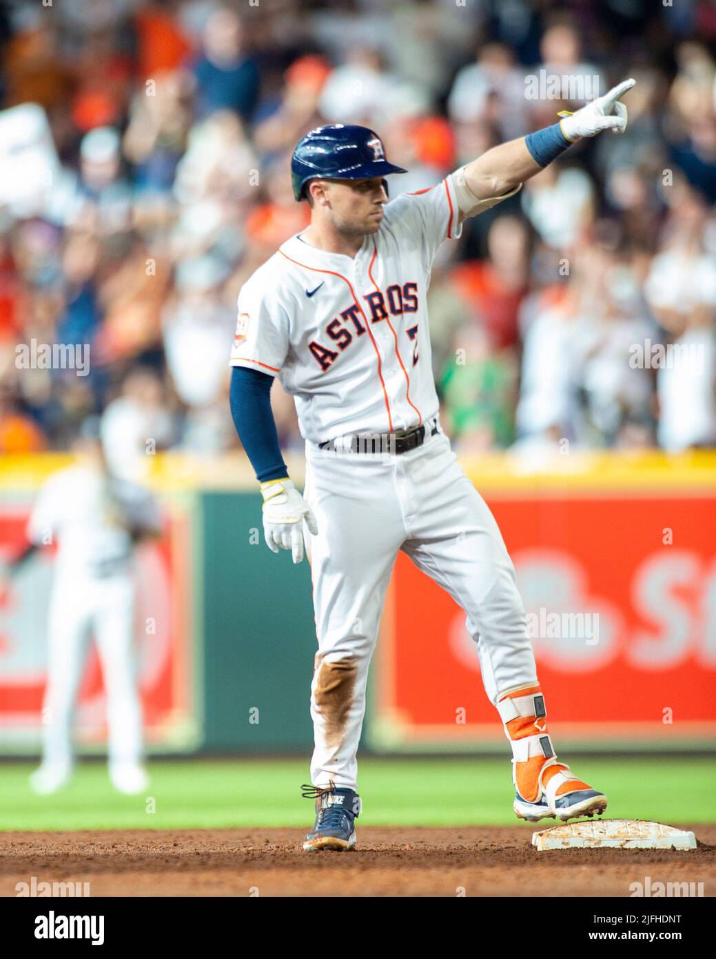 Houston Astros third baseman Alex Bregman (2) celebrates hitting a 2-RBI double during the third inning of the MLB game between the New York Yankees a Stock Photo