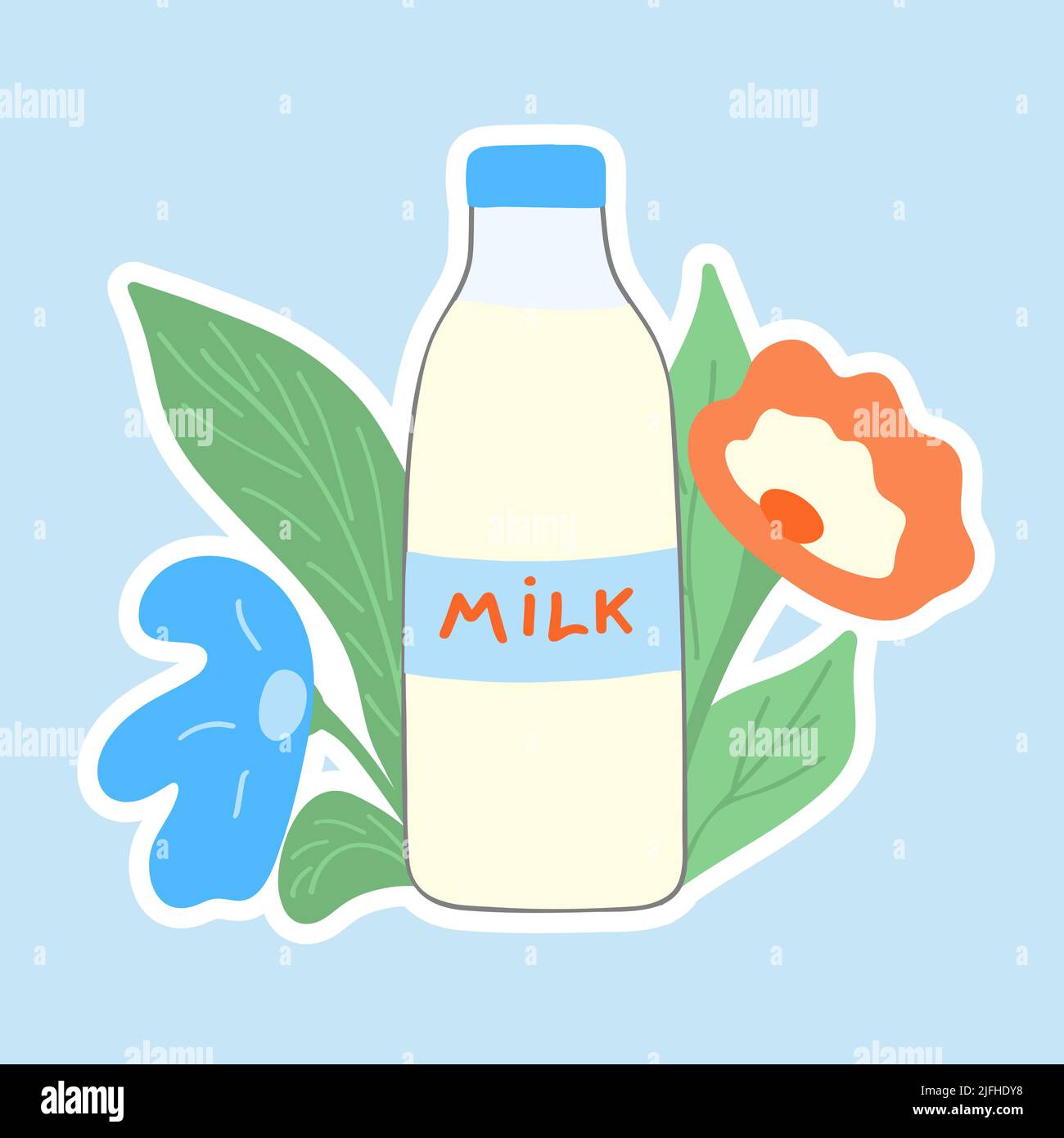 Bottle of milk in flowers. Sticker - sticker. Milk day. Flat illustration .Vector Stock Vector
