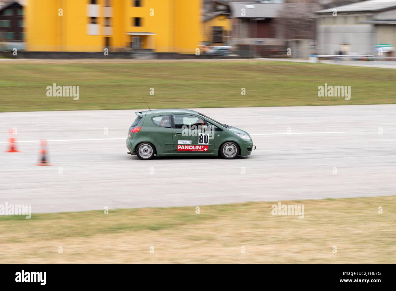 Ambri, Ticino, Switzerland, April 3, 2022 Car test racing along the