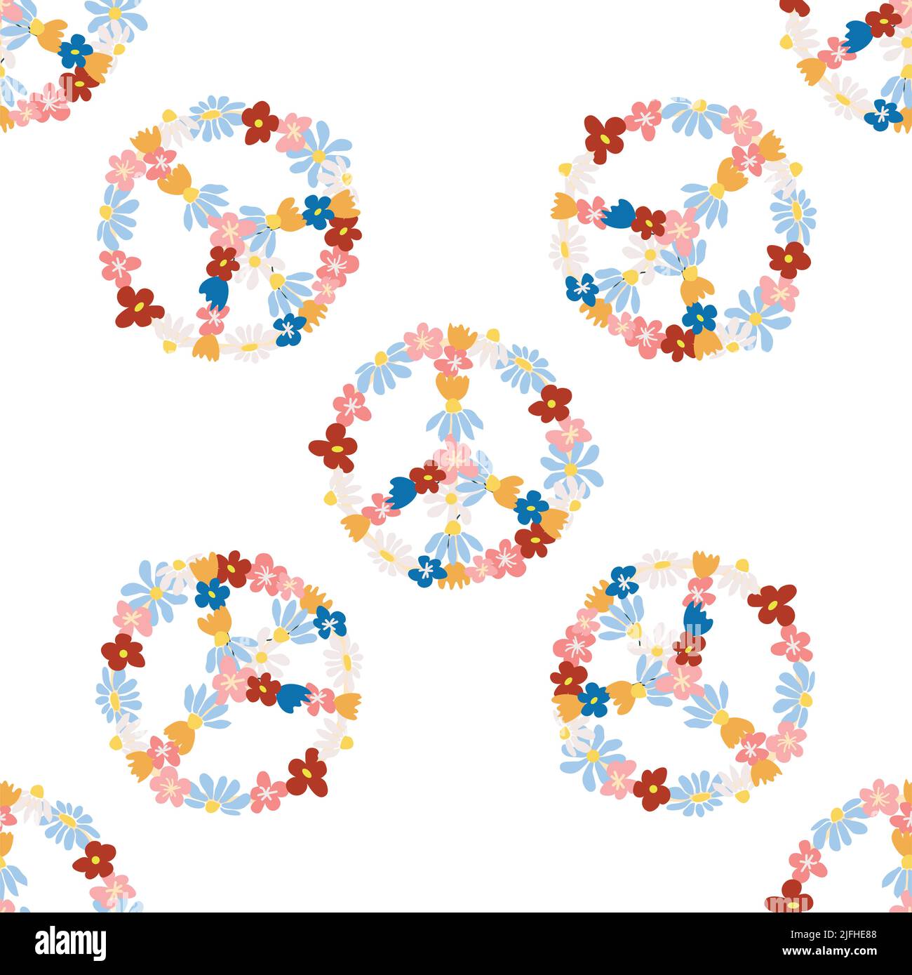 Peace symbol floral retro 70s seamless pattern. Clockwork design in the ...