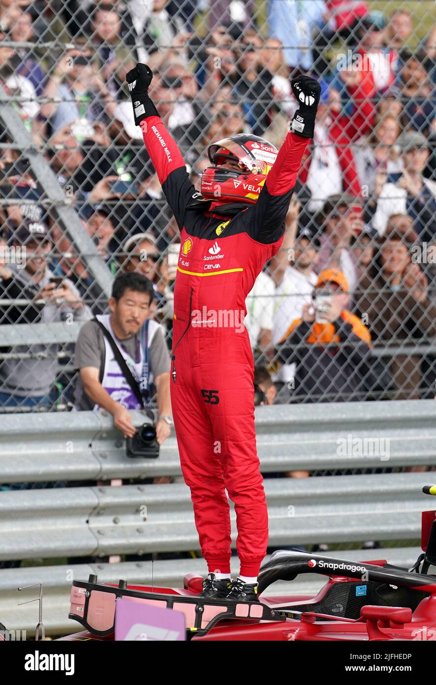 Ferrari’s Carlos Sainz celebrates coming first during the British Grand