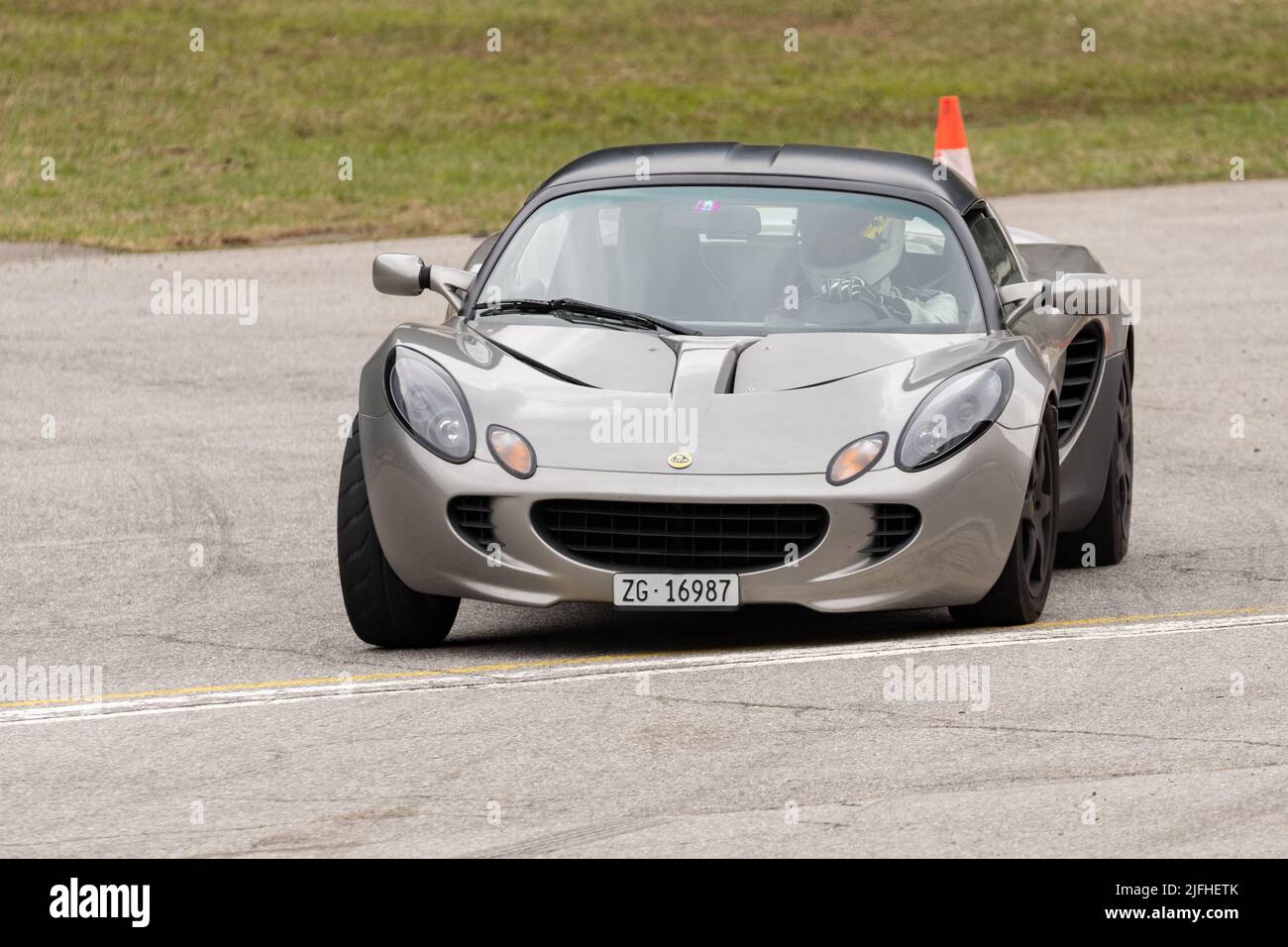 Ambri, Ticino, Switzerland, April 3, 2022 Car test racing along the
