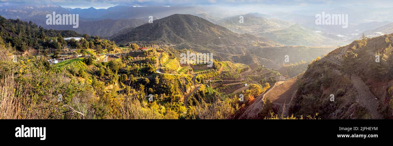 Panoramic view of the Dierona village at the foothills of the Troodos Mountains in the Limassol District, Republic of Cyprus Stock Photo
