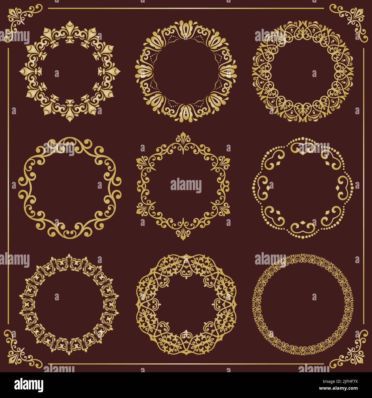 Vintage set of vector round brown and golden elements. Different ...