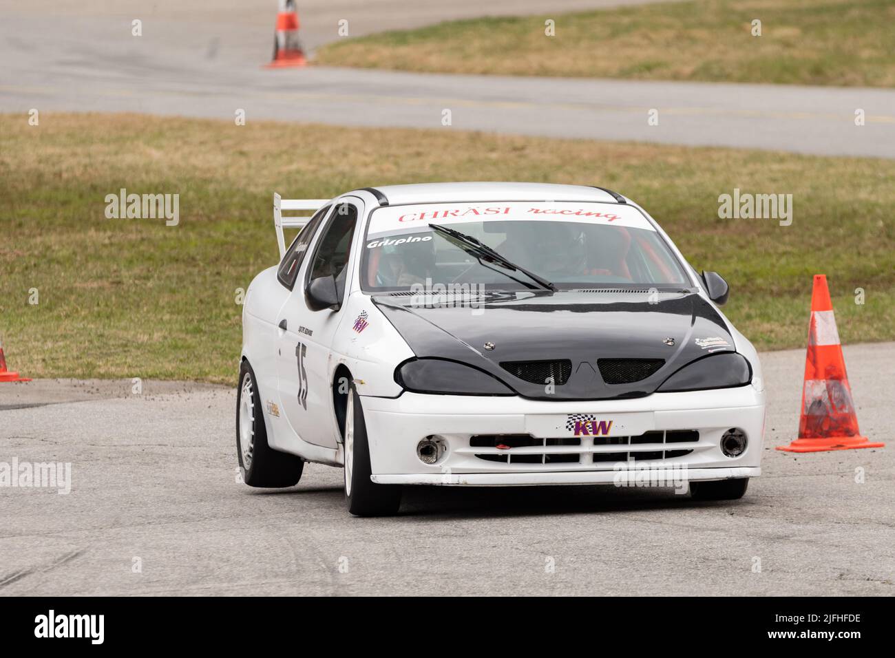 Ambri, Ticino, Switzerland, April 3, 2022 Car test racing along the