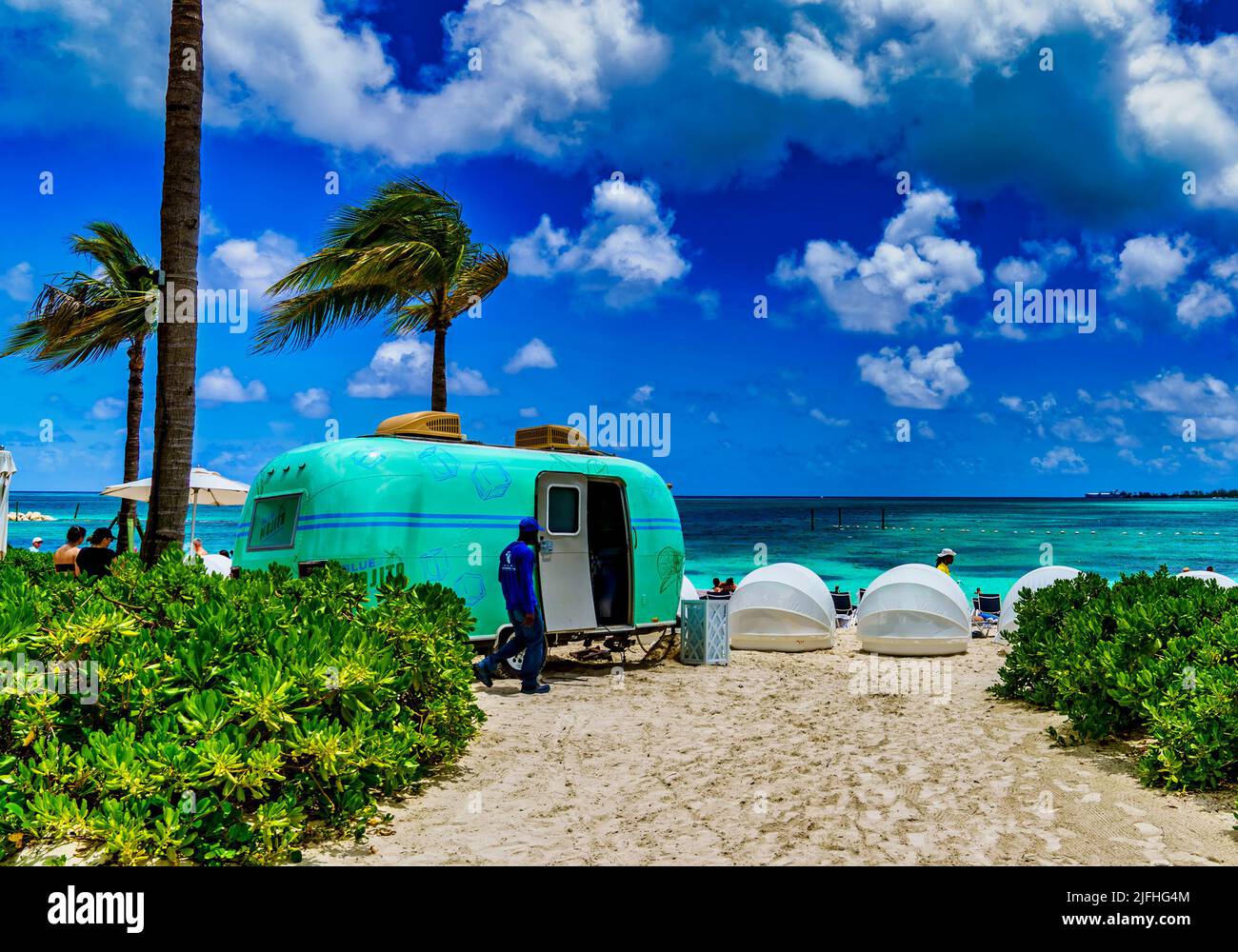 Food vending truck on a tropical beach Stock Photo