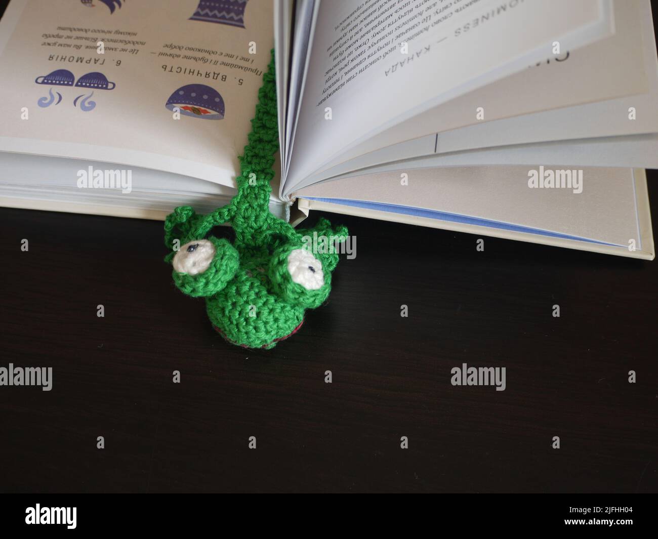 A handcrafted frog head bookmark Stock Photo
