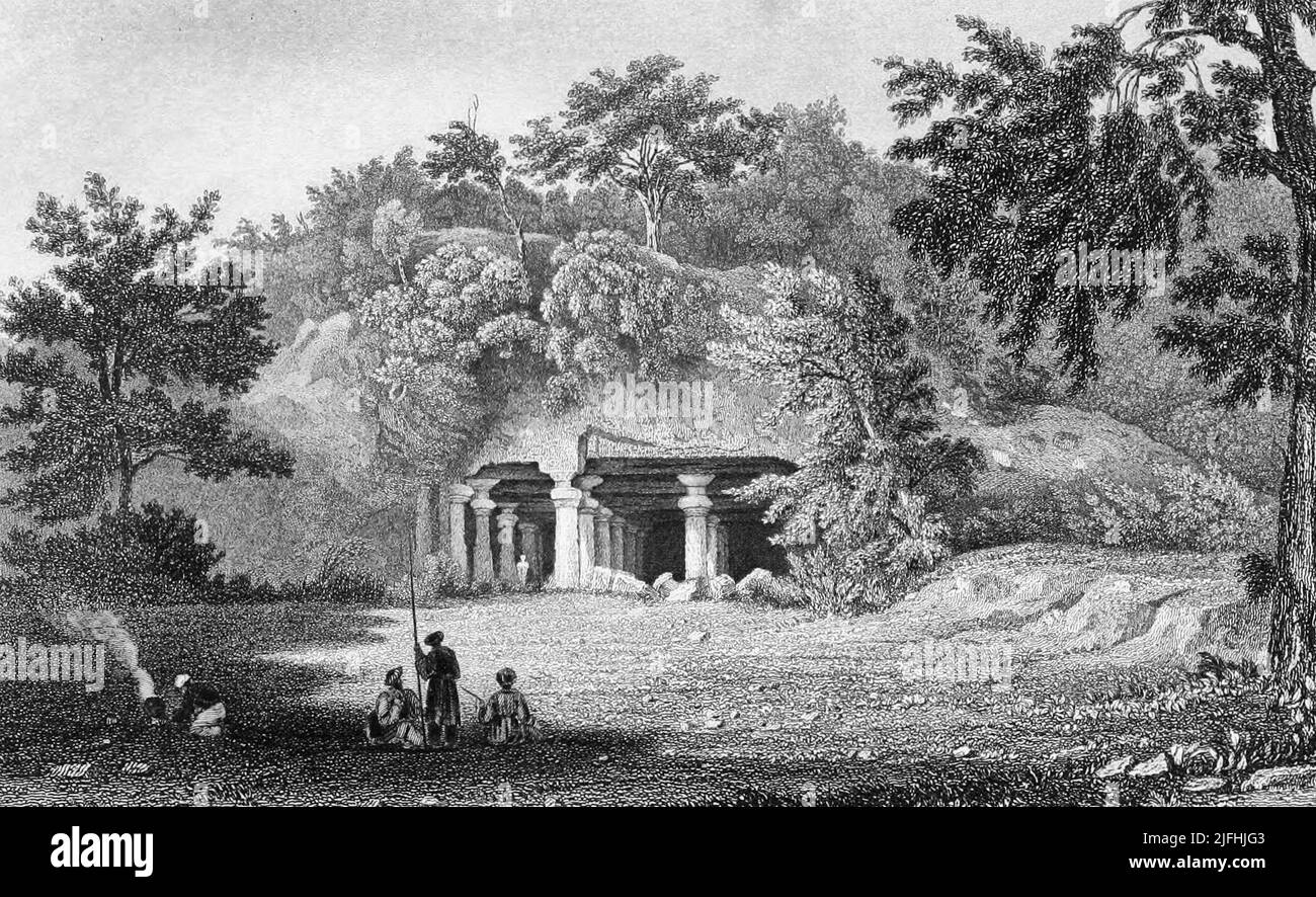 Entrance to the Cave of Elephanta - India, circa 1858 Stock Photo