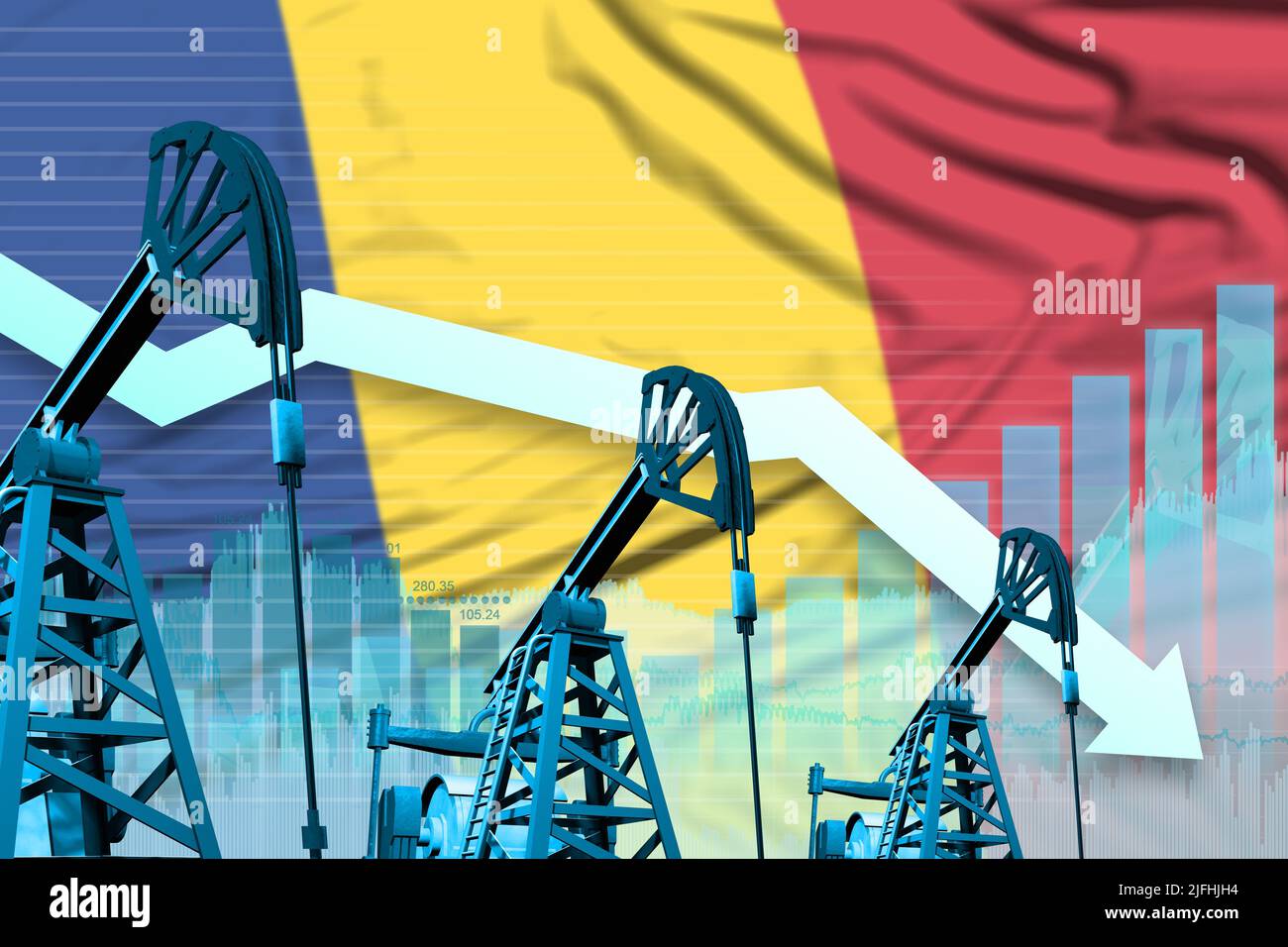 Romania oil industry concept, industrial illustration lowering down