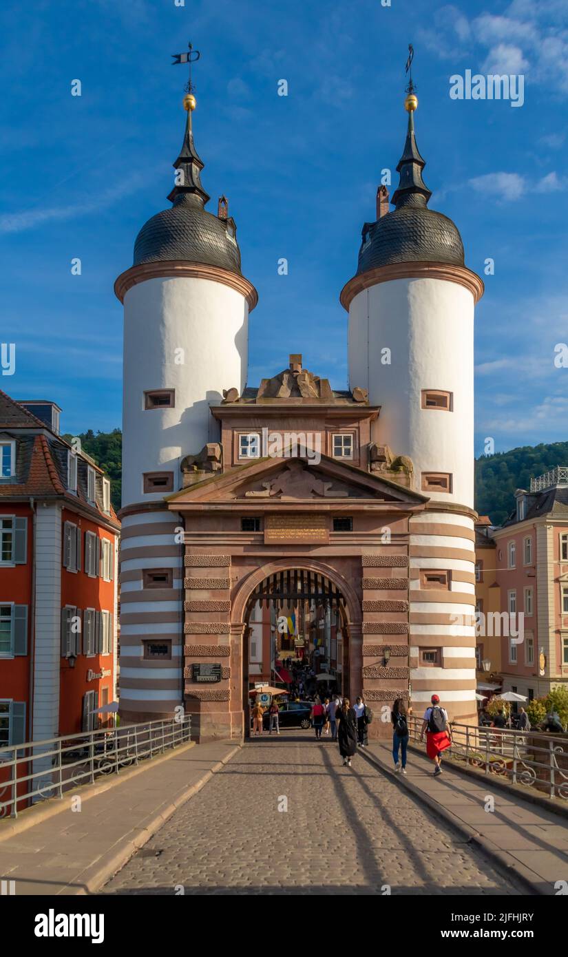 Heidelberg, Germany: June, 2. 2022: Gate towers of the old bridge in