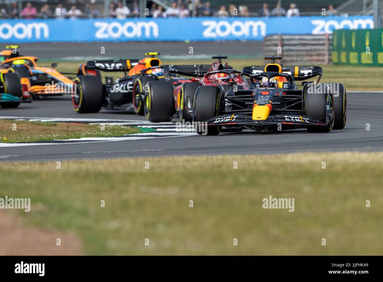 Silverstone, UK. 3rd July 2022,  Silverstone Circuit, Silverstone, Northamptonshire, England: British F1 Grand Prix, Race day: Oracle Red Bull Racing driver Max Verstappen in his Red Bull Racing-RBPT RB18 leads from the restart of the race Credit: Action Plus Sports Images/Alamy Live News Stock Photo