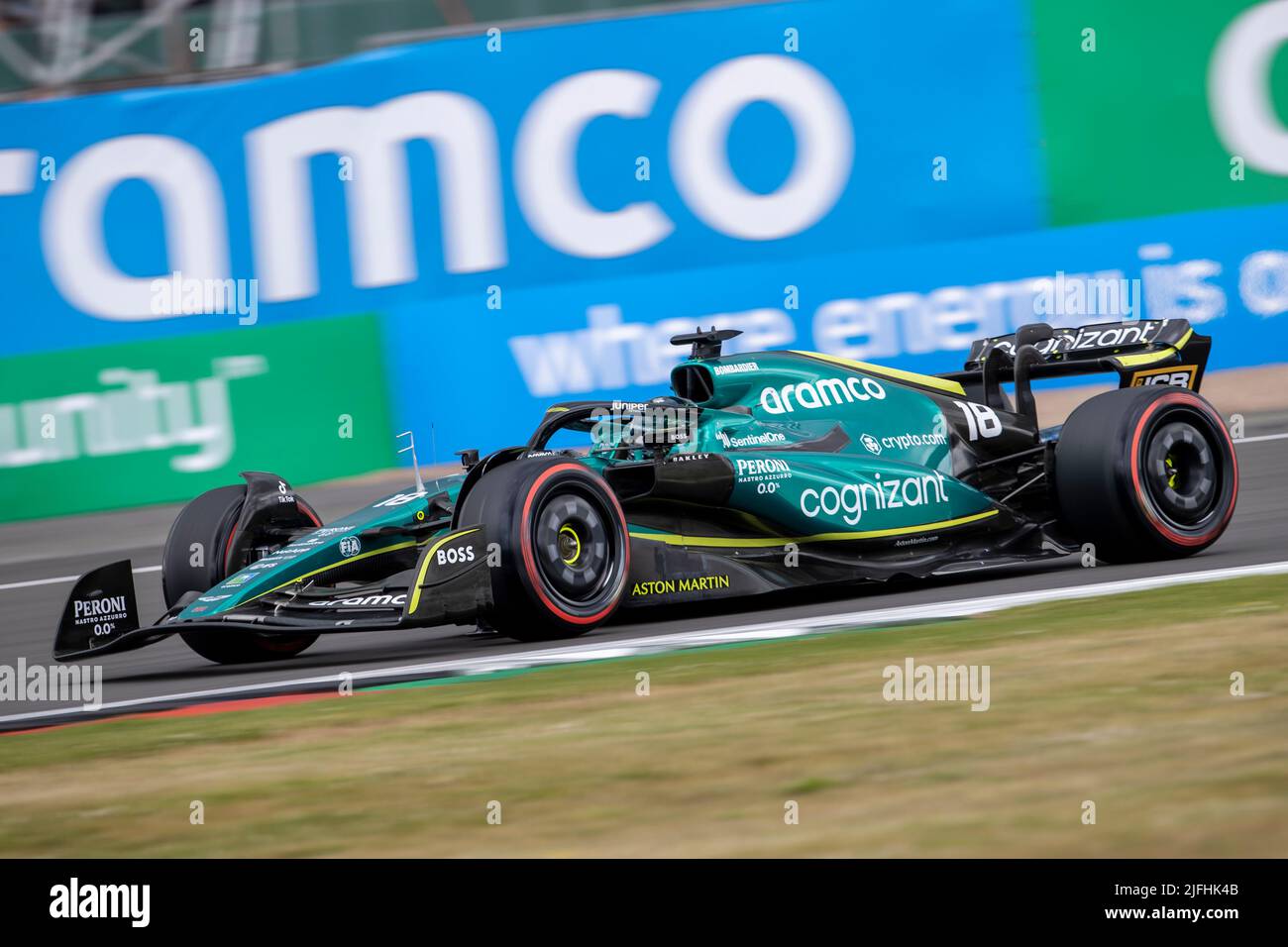 Silverstone, UK. 3rd July 2022, Silverstone Circuit, Silverstone, Northamptonshire, England: British F1 Grand Prix, Race day: Aston Martin Aramco Cognizant F1 Team driver Lance Stroll in his Aston Martin Aramco-Mercedes AMR22 Credit: Action Plus Sports Images/Alamy Live News Stock Photo