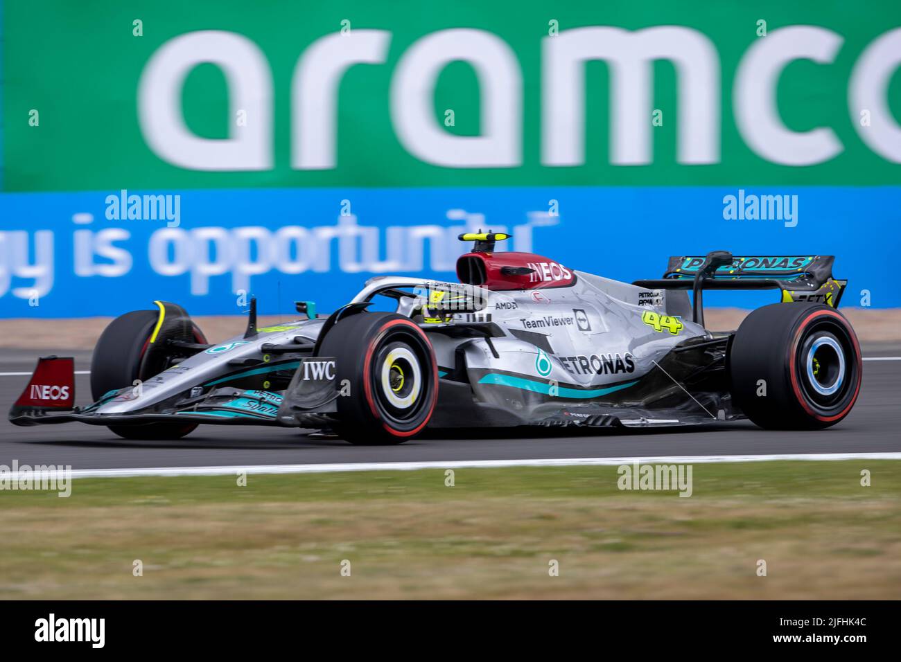 Silverstone, UK. 3rd July 2022,  Silverstone Circuit, Silverstone, Northamptonshire, England: British F1 Grand Prix, Race day: Mercedes-AMG Petronas F1 Team driver Lewis Hamilton in his Mercedes F1 W13 Credit: Action Plus Sports Images/Alamy Live News Stock Photo