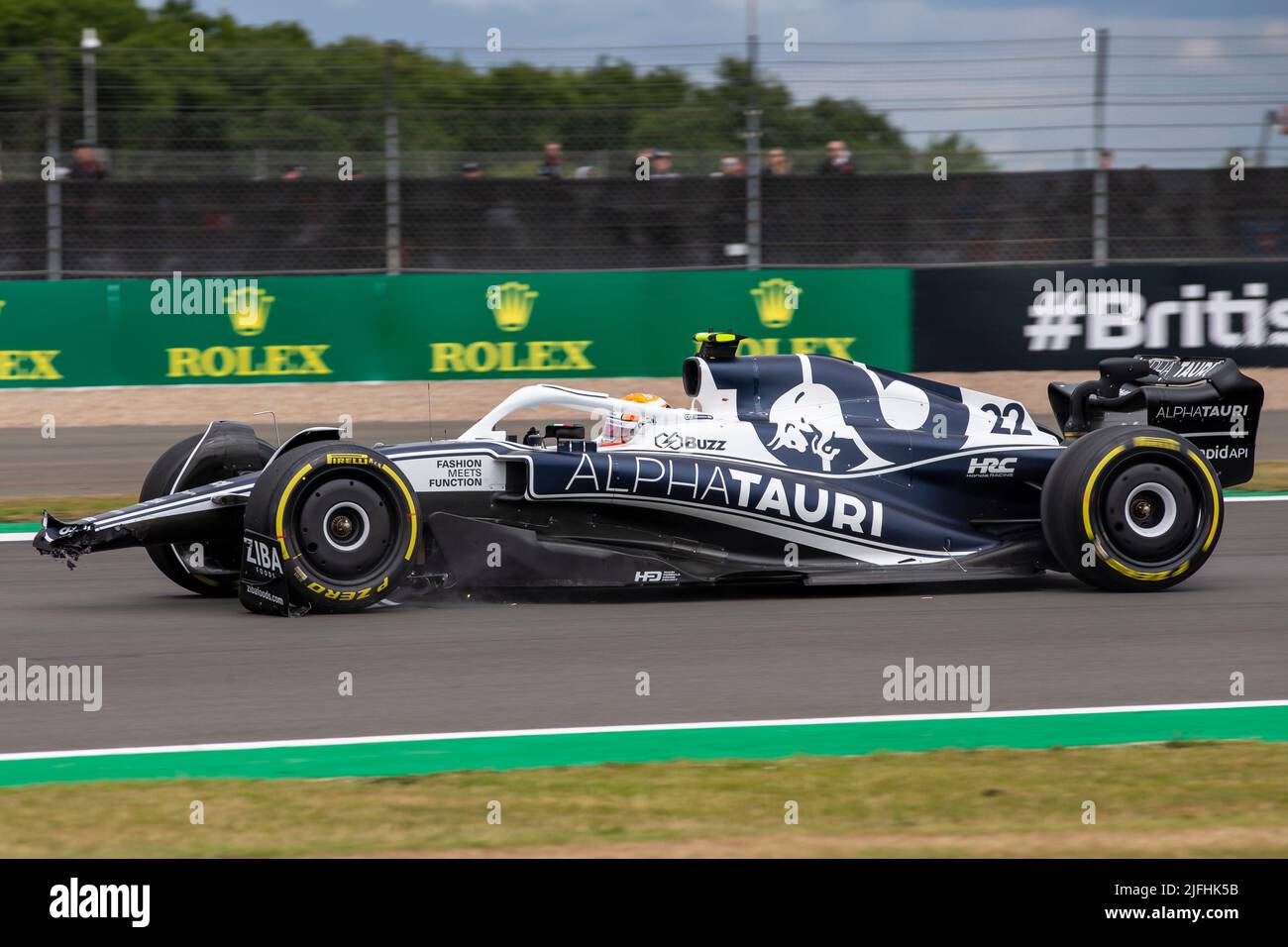 Silverstone, UK. 3rd July 2022, Silverstone Circuit, Silverstone, Northamptonshire, England: British F1 Grand Prix, Race day: The damaged car of Scuderia Alpha Tauri driver Yuki Tsunoda in his AlphaTauri-RBPT AT03 Credit: Action Plus Sports Images/Alamy Live News Stock Photo