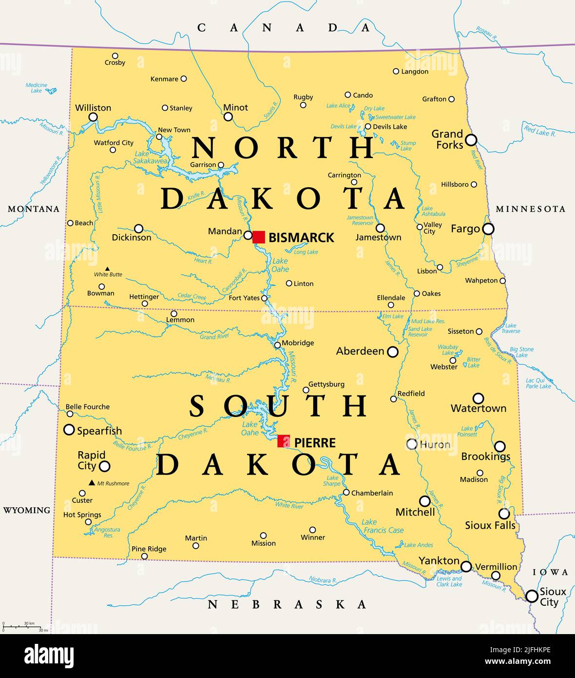 The Dakotas, political map. Collective term for the U.S. states of North Dakota and South Dakota, in the Upper Midwest and North Central. Stock Photo