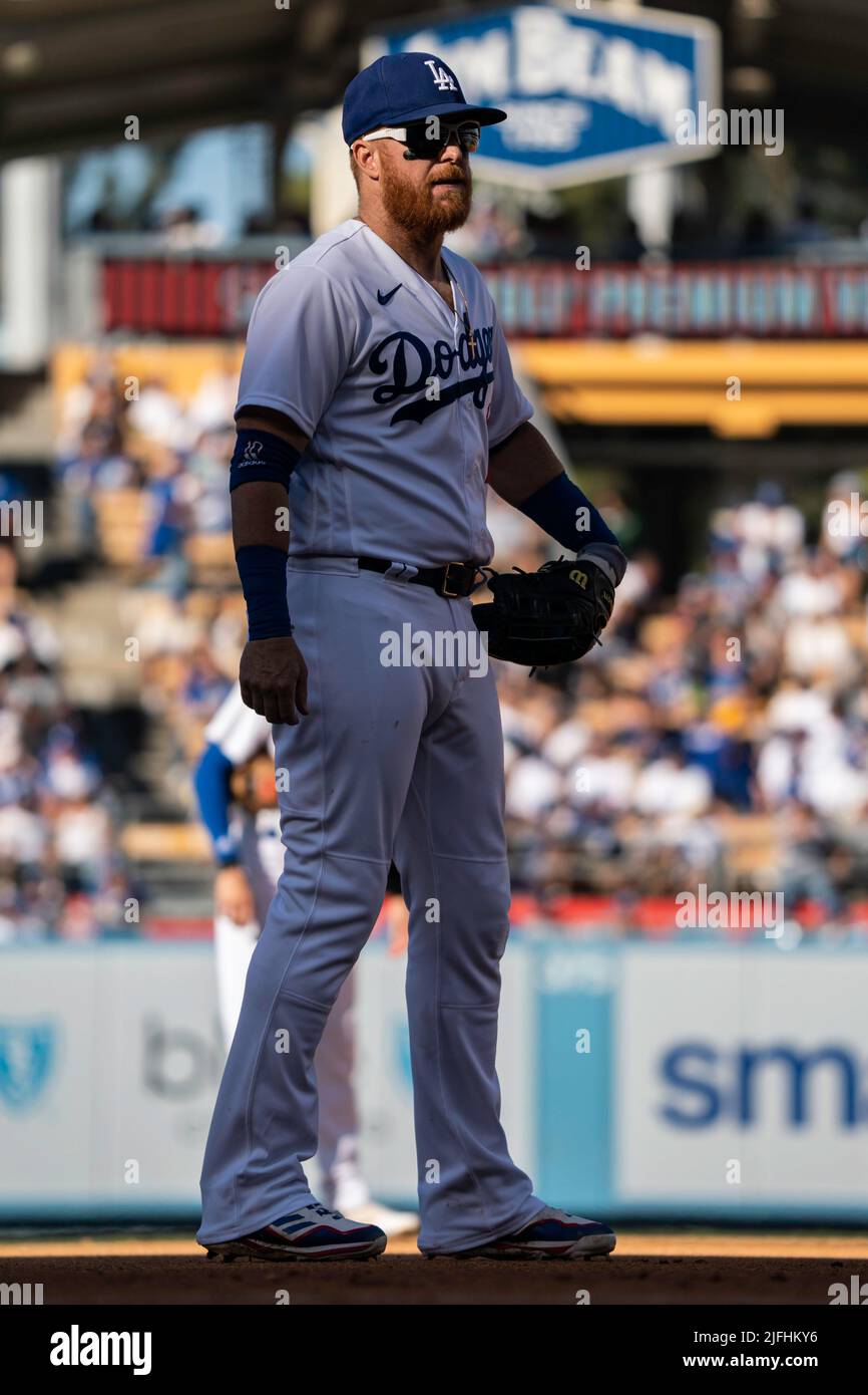 Los Angeles Dodgers third baseman Justin Turner (10) during a MLB game against the San Diego Padres, Saturday, July 2, 2022, at Dodger Stadium, in Los Stock Photo