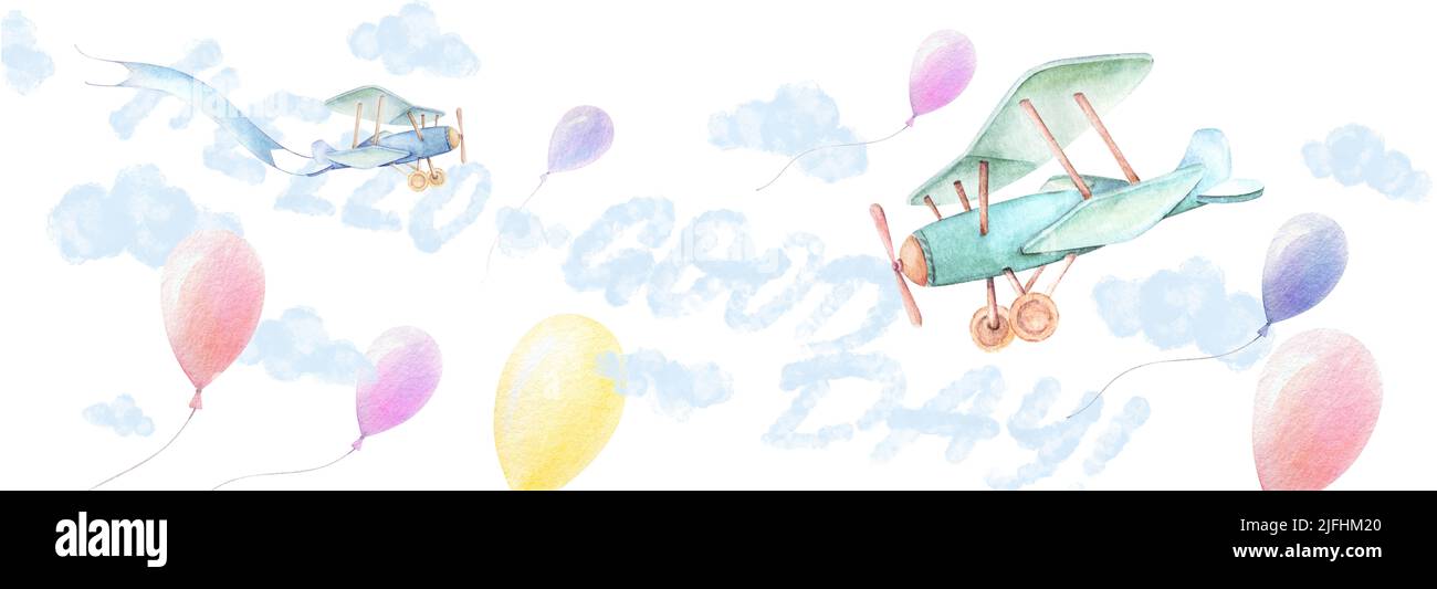 Hello baby good day banner. Airplanes, colorful balloons fly in sky