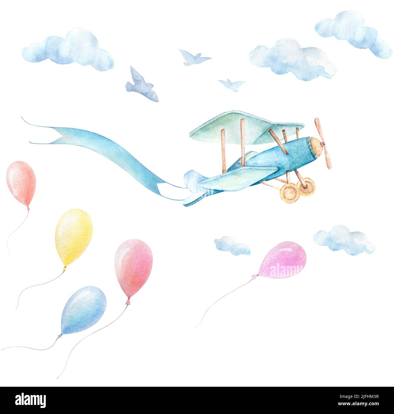Watercolor baby clipart. Baby Shower Boy. Airplane fly with ribbon.  Blue clouds, birds, balloons fly in sky. Baby shower poster background Stock Photo