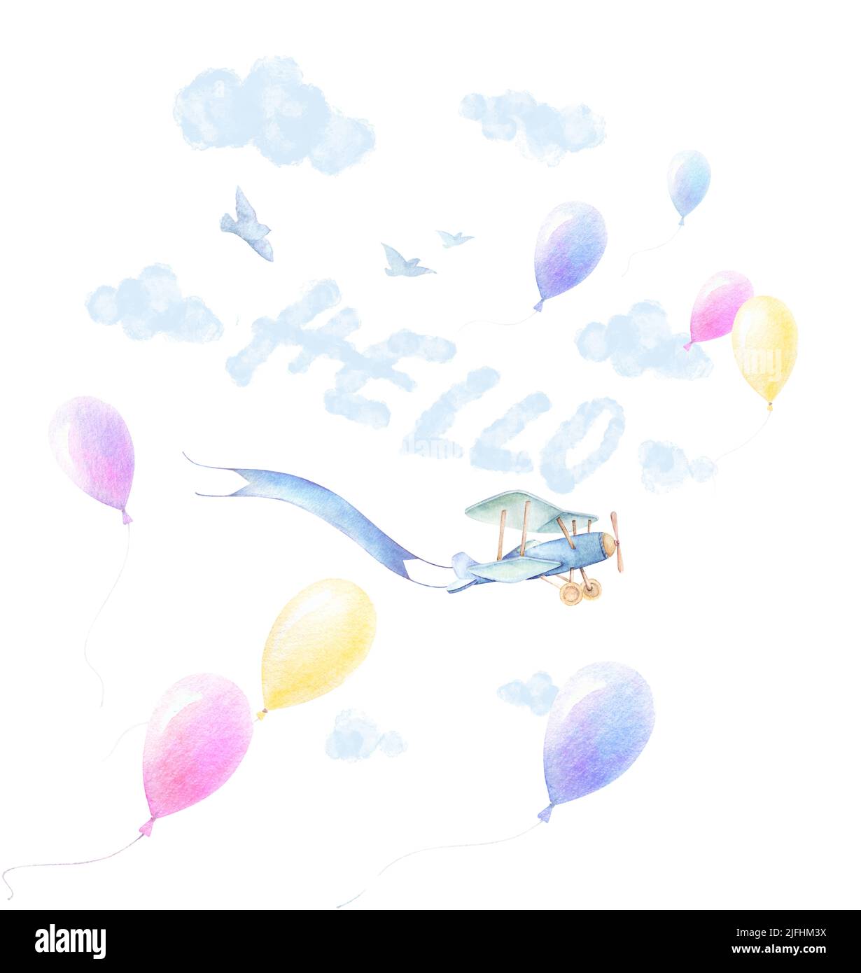 Watercolor baby clipart. Airplanes, colorful balloons fly in sky. Blue clouds. Baby shower poster print. Hello adventures banner. Pre-made composition Stock Photo
