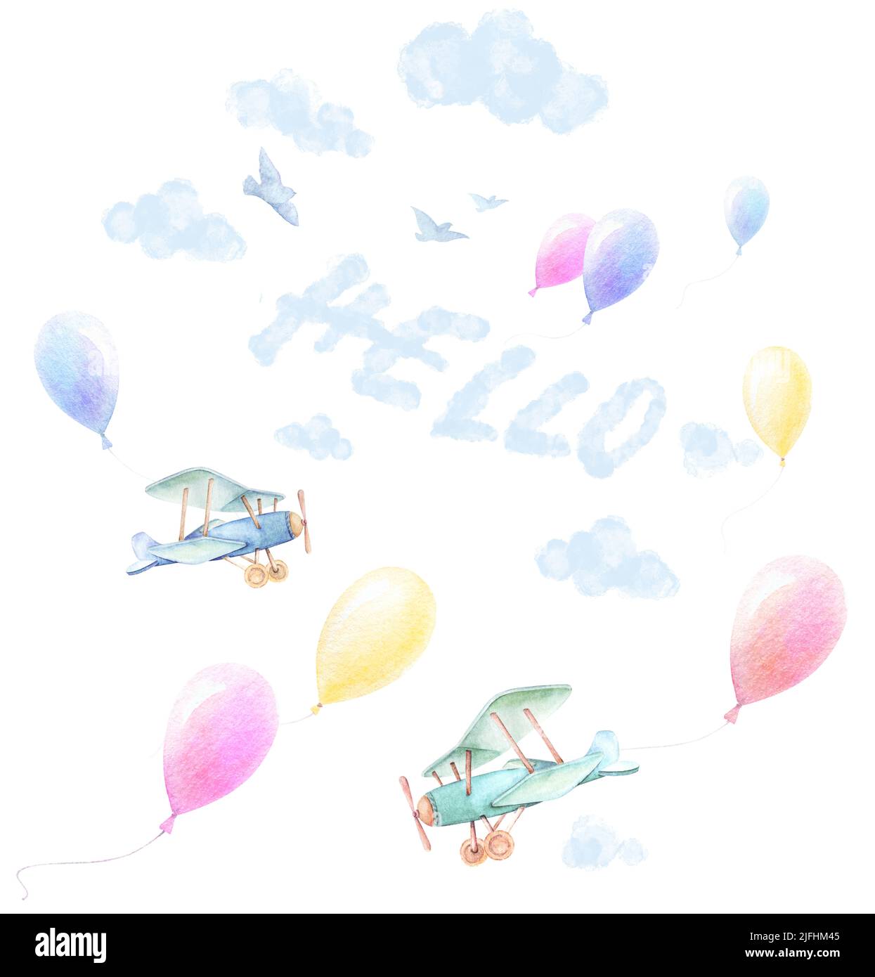 Watercolor baby clipart. Baby shower twins boy, girl. Hello adventures banner. Airplanes, colorful balloons fly in sky. Blue clouds Stock Photo