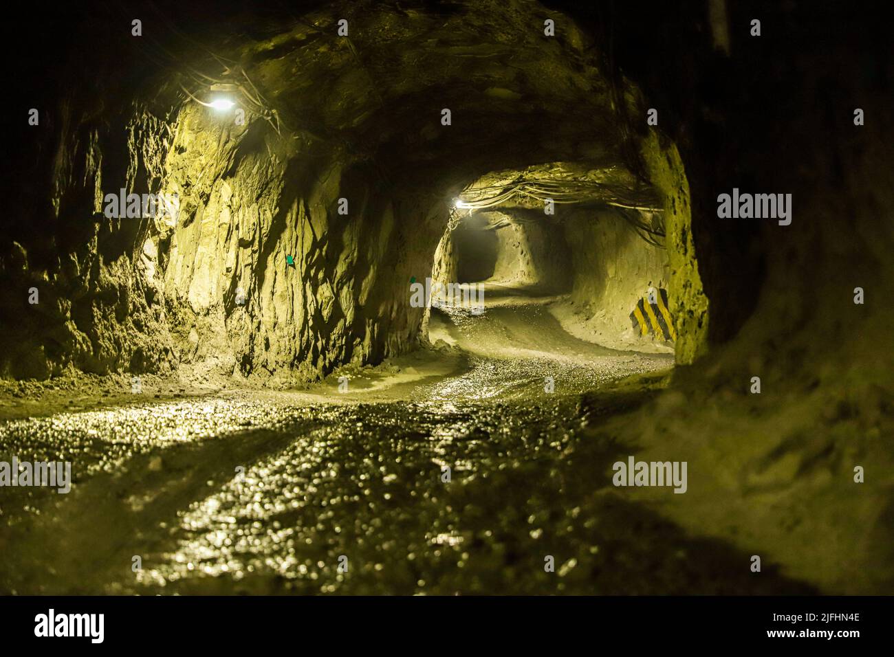 Underground mine, mining, extraction of mineral and rock subsoil for gold, silver, copper and zinc in tunnels. Mina Subterana, mineria, extracion del Stock Photo