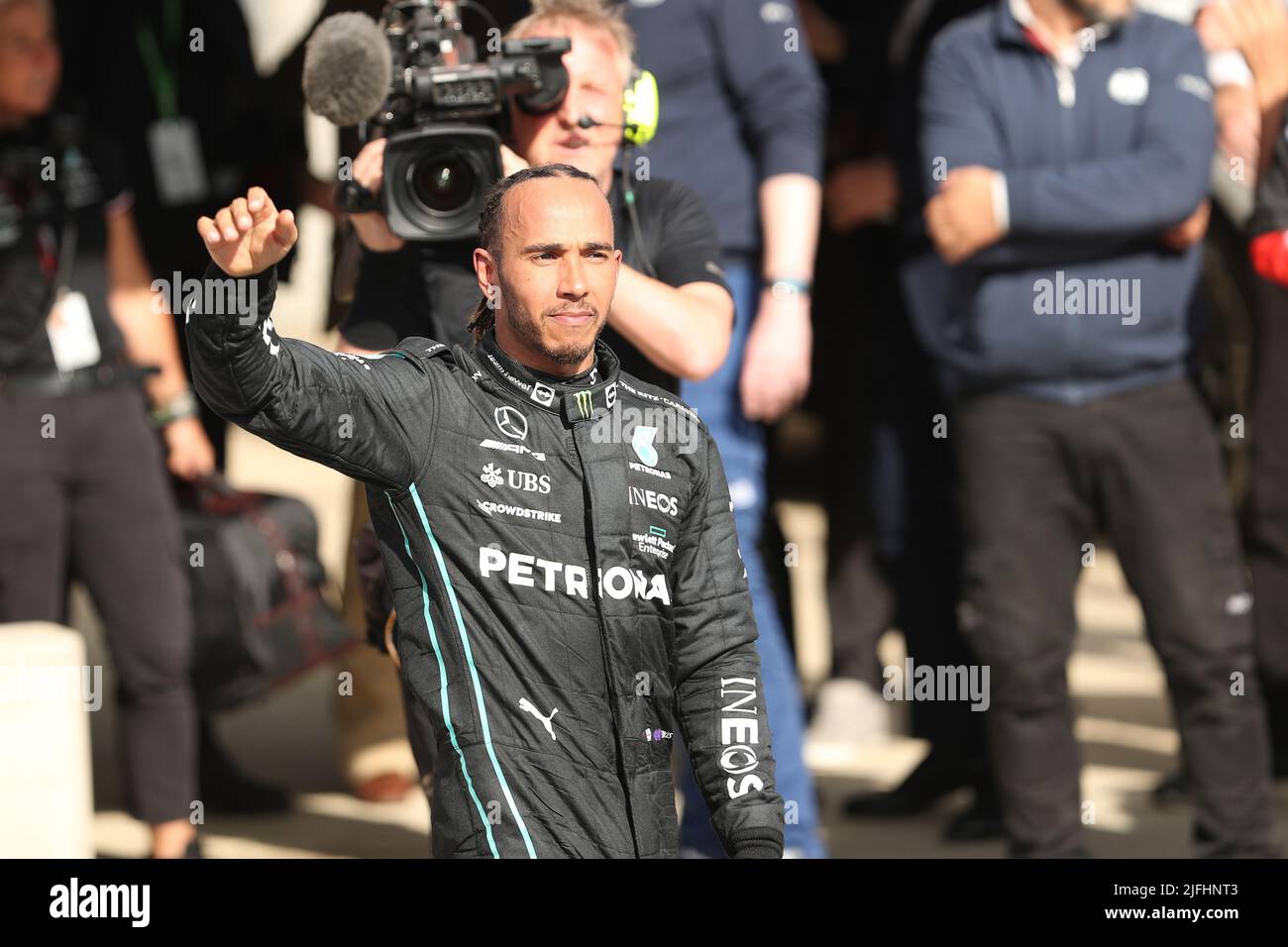 Silverstone, UK. 3rd July 2022,  Silverstone Circuit, Silverstone, Northamptonshire, England: British F1 Grand Prix, Race day: Mercedes AMG Petronas F1 Team, Lewis Hamilton comes third in the race Credit: Action Plus Sports Images/Alamy Live News Stock Photo