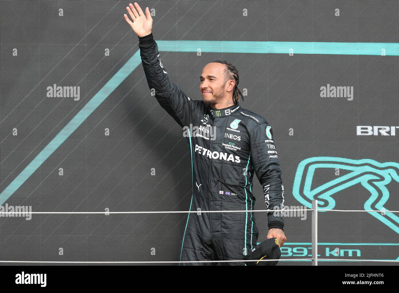 Silverstone, UK. 3rd July 2022,  Silverstone Circuit, Silverstone, Northamptonshire, England: British F1 Grand Prix, Race day: Mercedes AMG Petronas F1 Team, Lewis Hamilton comes third Credit: Action Plus Sports Images/Alamy Live News Stock Photo