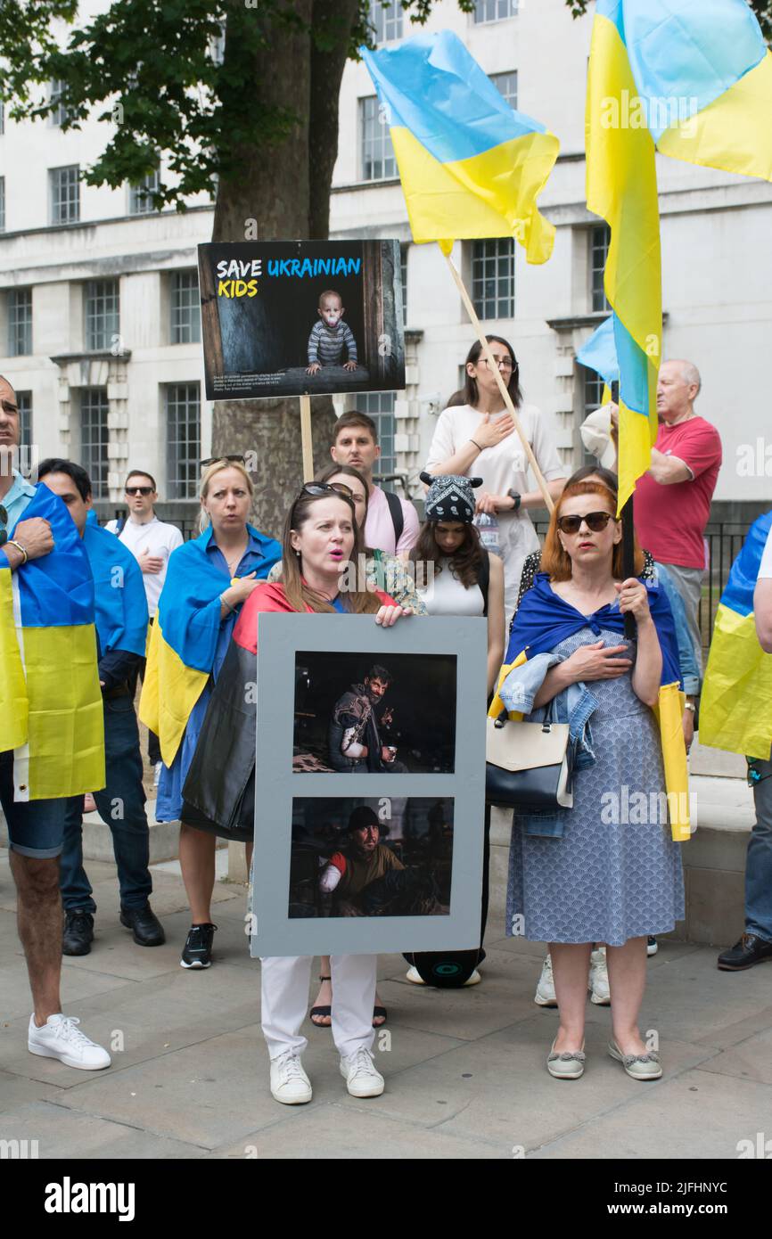 London, UK. 03rd July, 2022. Protest: The Western world promise support Ukraine with armament, Shame on you, which has not been fulfil. Ukrainian are brave people, We don't need NATO to fights in the war, all we asking is military weapons and equipment. Also demand total sanctions Russia outside Downing Street, London, UK. - 3 July 2022. Credit: See Li/Picture Capital/Alamy Live News Stock Photo