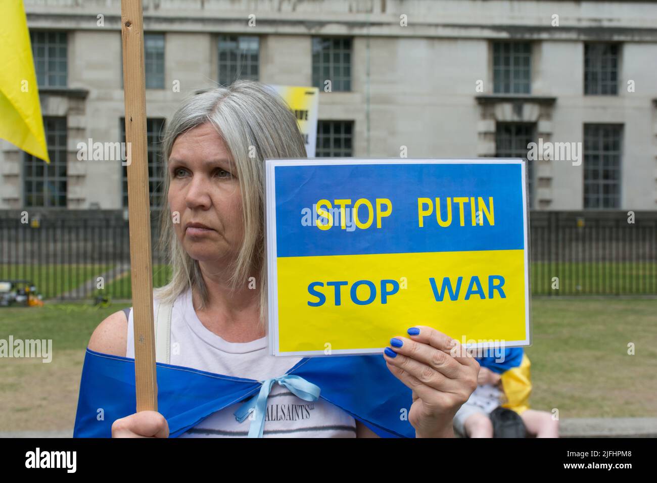 London, UK. 03rd July, 2022. Protest: The Western world promise support Ukraine with armament, Shame on you, which has not been fulfil. Ukrainian are brave people, We don't need NATO to fights in the war, all we asking is military weapons and equipment. Also demand total sanctions Russia outside Downing Street, London, UK. - 3 July 2022. Credit: See Li/Picture Capital/Alamy Live News Stock Photo