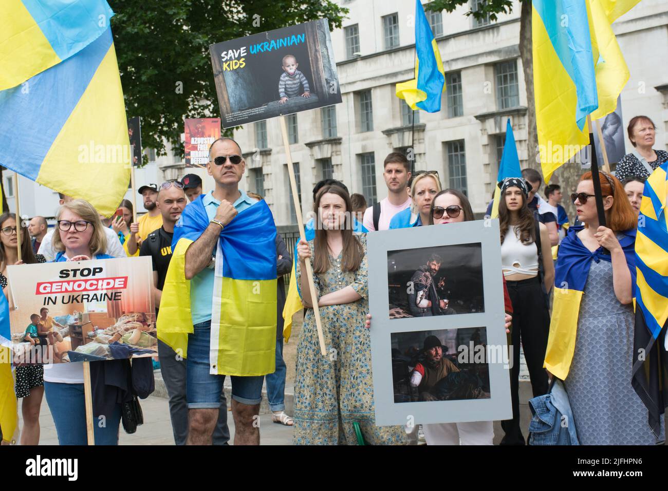 London, UK. 03rd July, 2022. Protest: The Western world promise support Ukraine with armament, Shame on you, which has not been fulfil. Ukrainian are brave people, We don't need NATO to fights in the war, all we asking is military weapons and equipment. Also demand total sanctions Russia outside Downing Street, London, UK. - 3 July 2022. Credit: See Li/Picture Capital/Alamy Live News Stock Photo