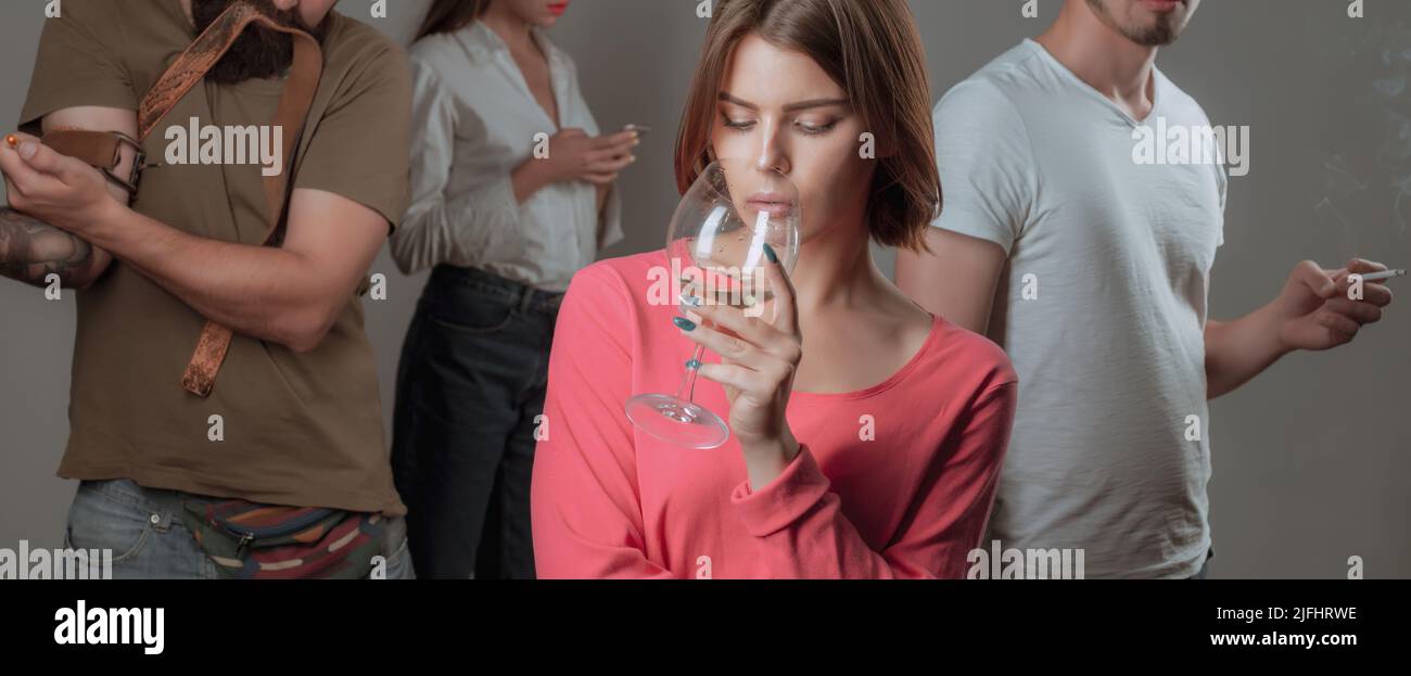 Serious sad woman having alcohol addiction. Psychologist theraphy social problems concept alcohol addiction. Stop alcohol addiction. Alcoholic Addicti Stock Photo