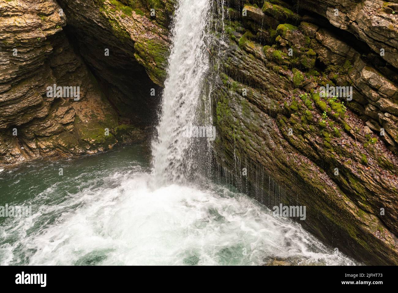 Unterwasser, Switzerland, May 5, 2022 Beautiful Thur waterfalls in in a small canyon Stock Photo
